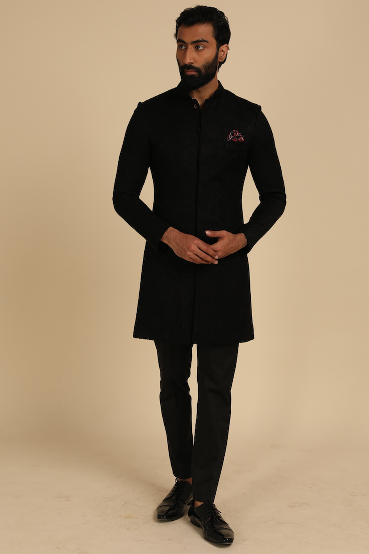 Black Silk Georgette Achkan Set  by ARJAN DUGAL at Pernia's Pop Up Shop