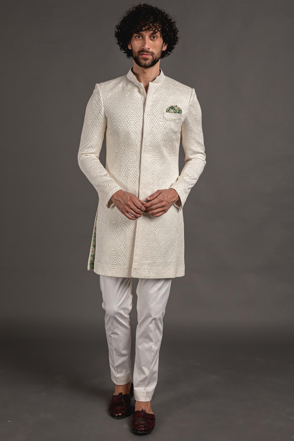 White Silk Georgette Achkan Set  by ARJAN DUGAL at Pernia's Pop Up Shop