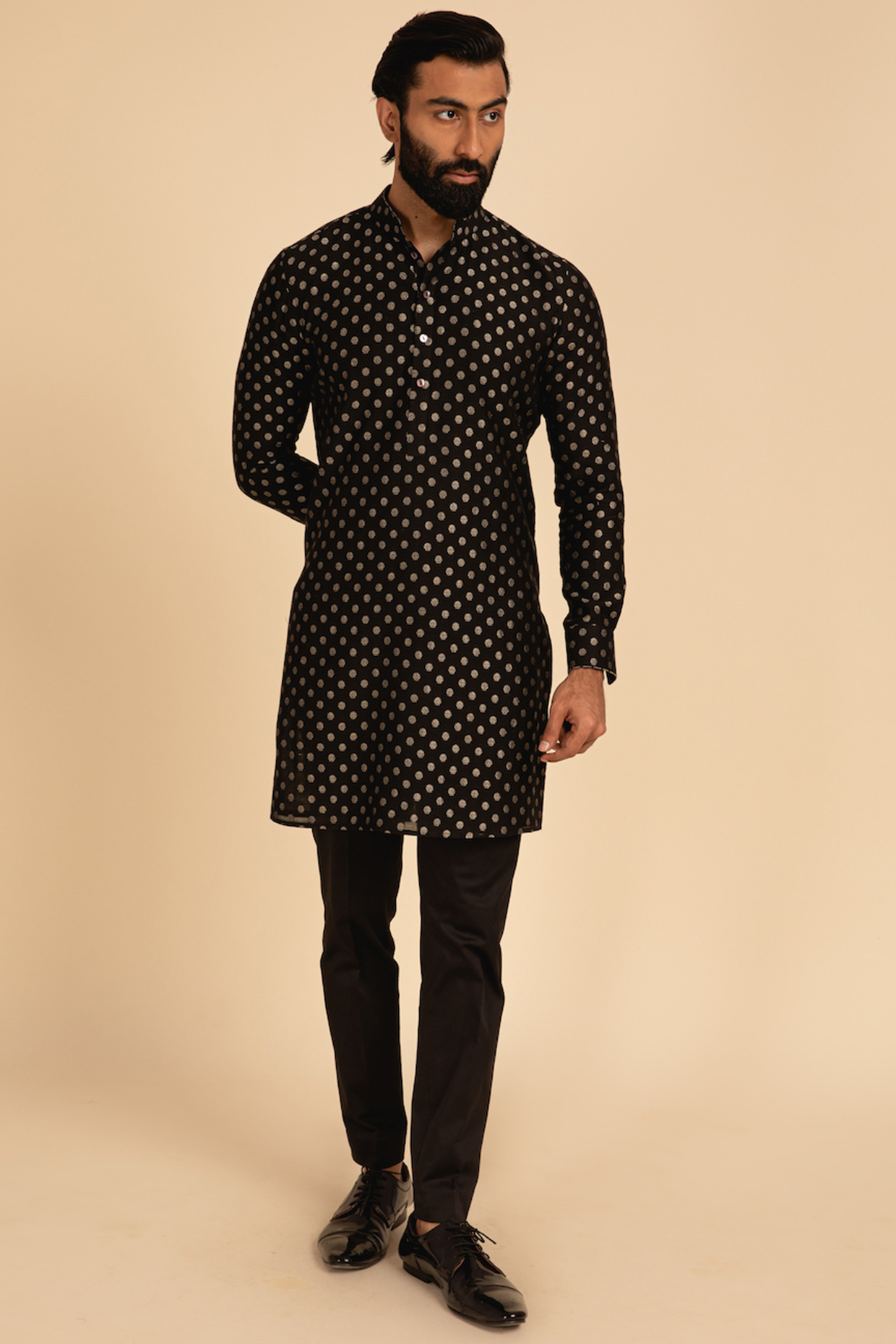 Black Banarasi Silk Kurta Set by ARJAN DUGAL at Pernia's Pop Up Shop