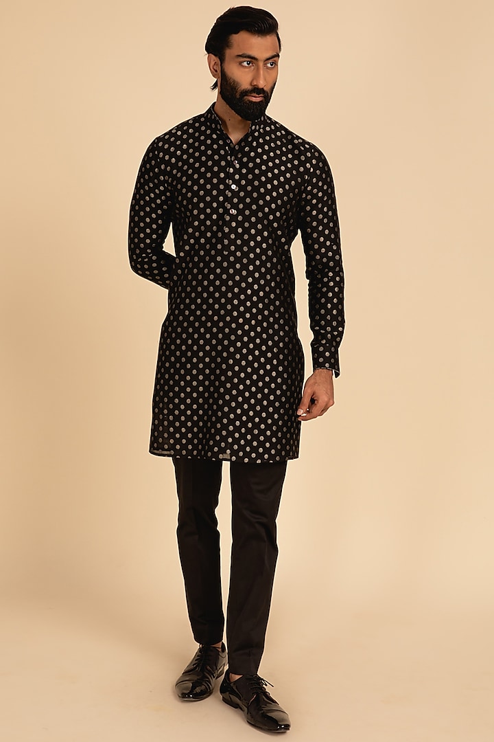Black Banarasi Silk Kurta Set by ARJAN DUGAL at Pernia's Pop Up Shop