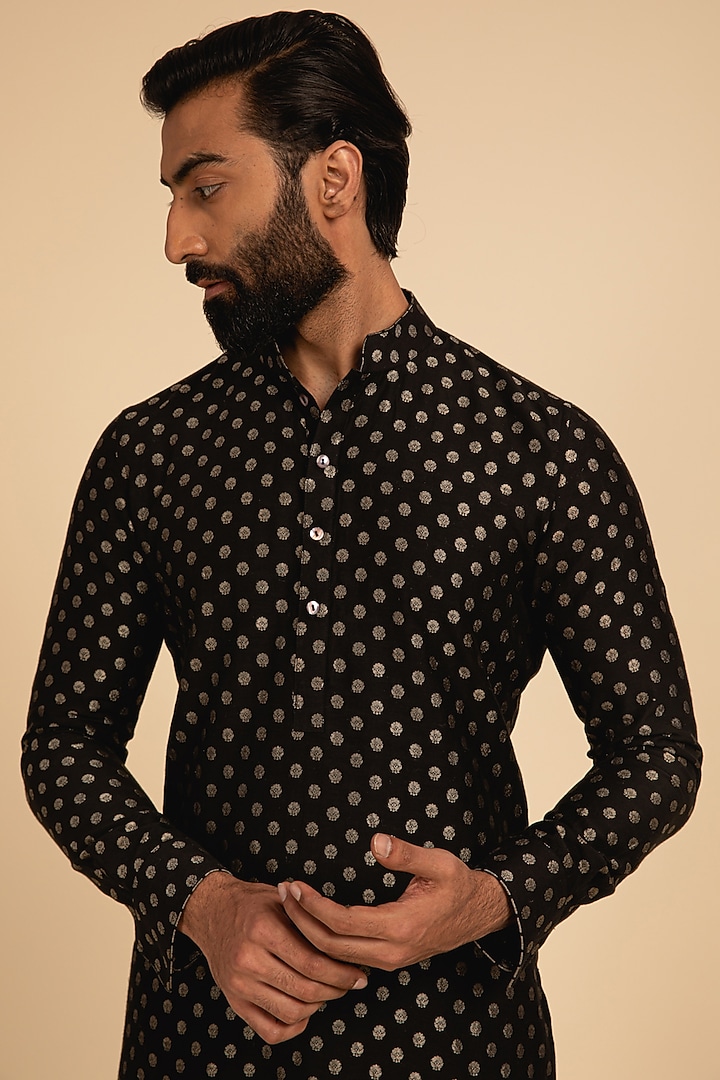 Black Banarasi Silk Kurta Set by ARJAN DUGAL at Pernia's Pop Up Shop