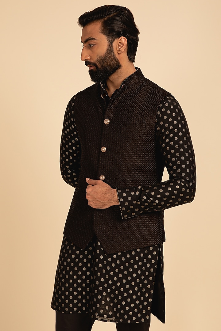 Black Chanderi Silk Embroidered & Printed Nehru Jacket by ARJAN DUGAL at Pernia's Pop Up Shop
