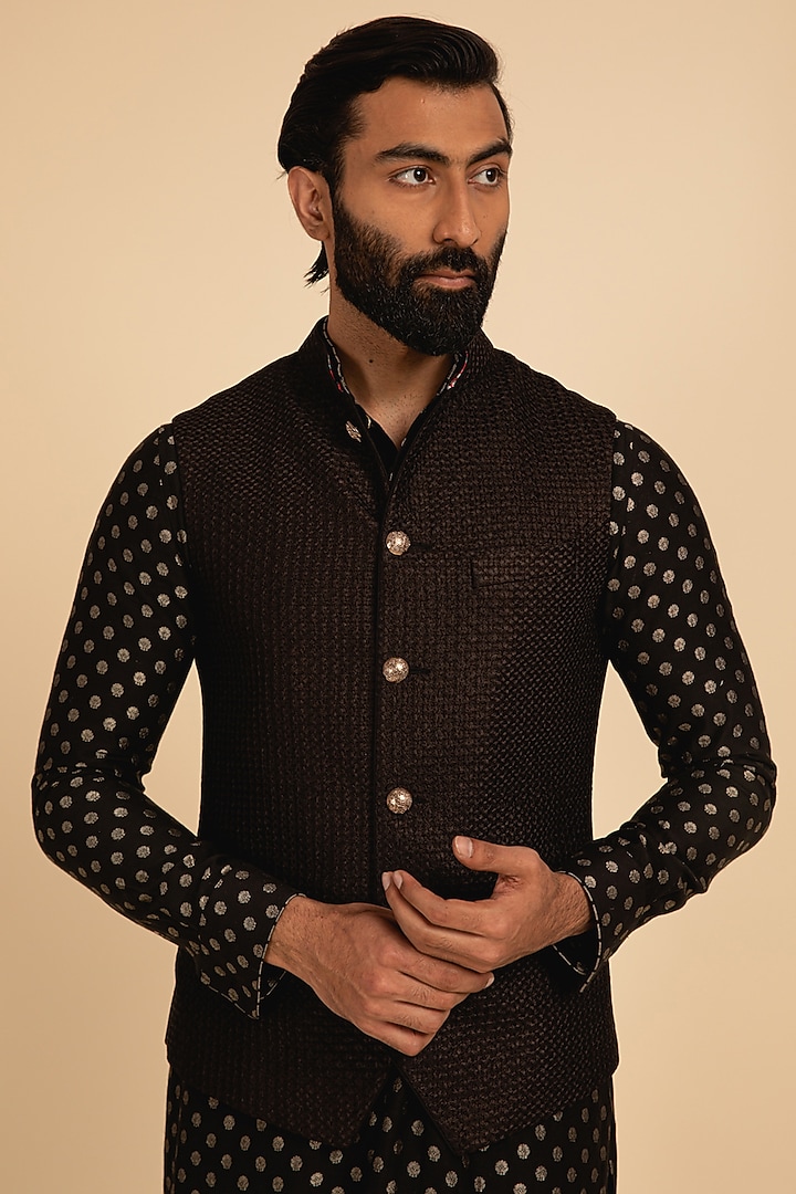 Black Chanderi Silk Embroidered & Printed Nehru Jacket by ARJAN DUGAL at Pernia's Pop Up Shop