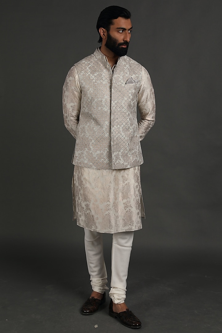 Off-White Silk Embroidered Nehru Jacket by ARJAN DUGAL
