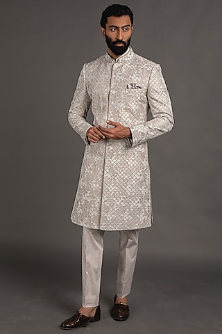 Grey Banarasi Silk Zari Embroidered Achkan Set by ARJAN DUGAL