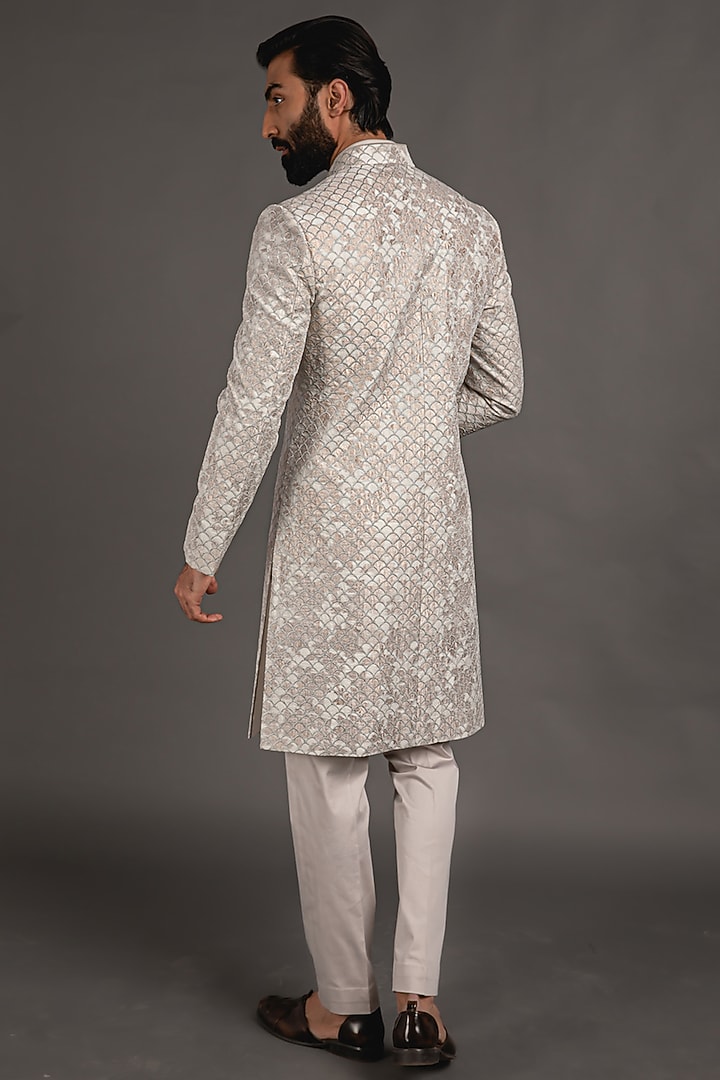 Grey Banarasi Silk Zari Embroidered Achkan Set by ARJAN DUGAL at Pernia's Pop Up Shop