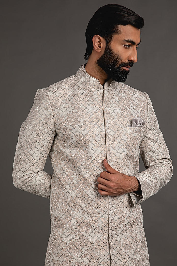 Grey Banarasi Silk Zari Embroidered Achkan Set by ARJAN DUGAL at Pernia's Pop Up Shop