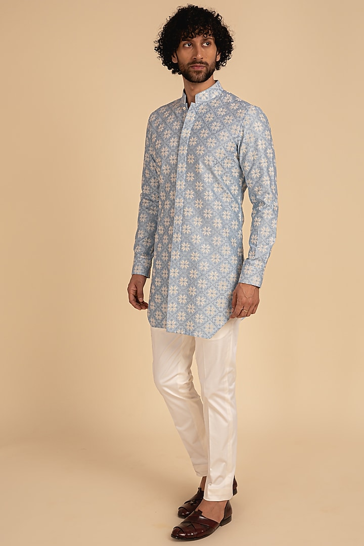 Powder Blue Embroidered Kurta Set by ARJAN DUGAL