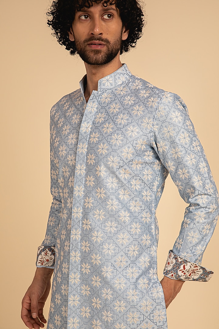 Powder Blue Chanderi Silk Printed & Embroidered Kurta Set by ARJAN DUGAL at Pernia's Pop Up Shop