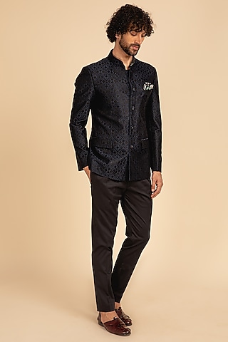 Blue & Black Cotton Silk Embroidered Bandhgala Set by ARJAN DUGAL