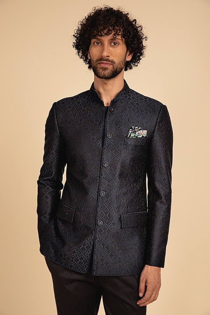 Blue & Black Cotton Silk Embroidered Wedding Bandhgala Set by ARJAN DUGAL at Pernia's Pop Up Shop