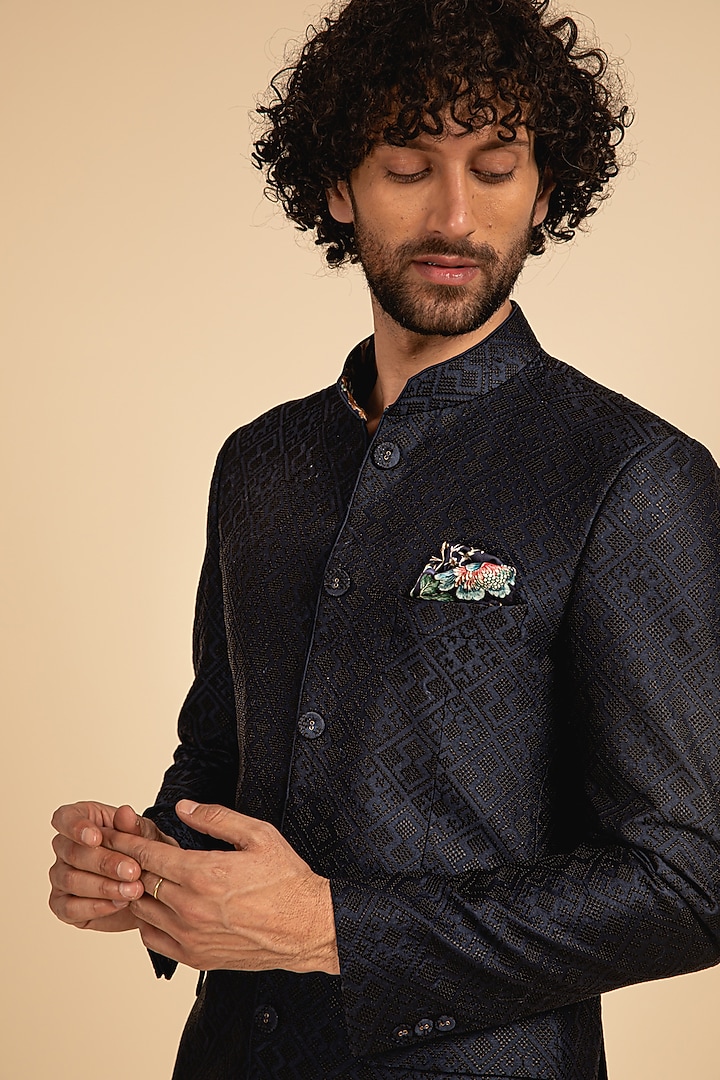 Blue & Black Cotton Silk Embroidered Wedding Bandhgala Set by ARJAN DUGAL at Pernia's Pop Up Shop