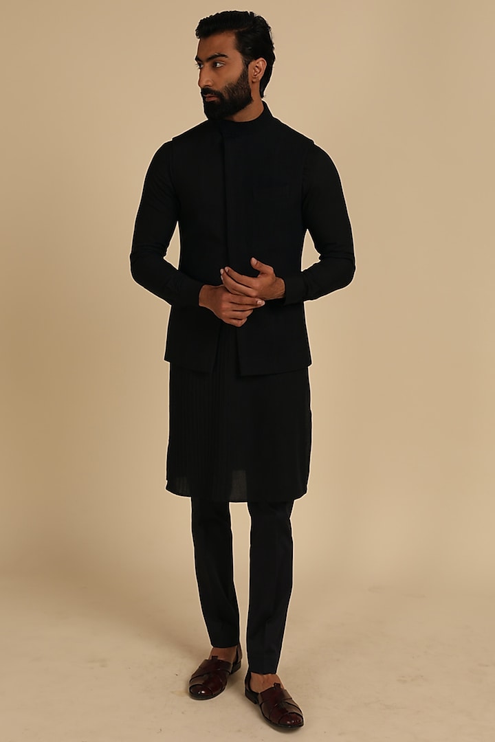 Black Silk Viscose Nehru Jacket by ARJAN DUGAL