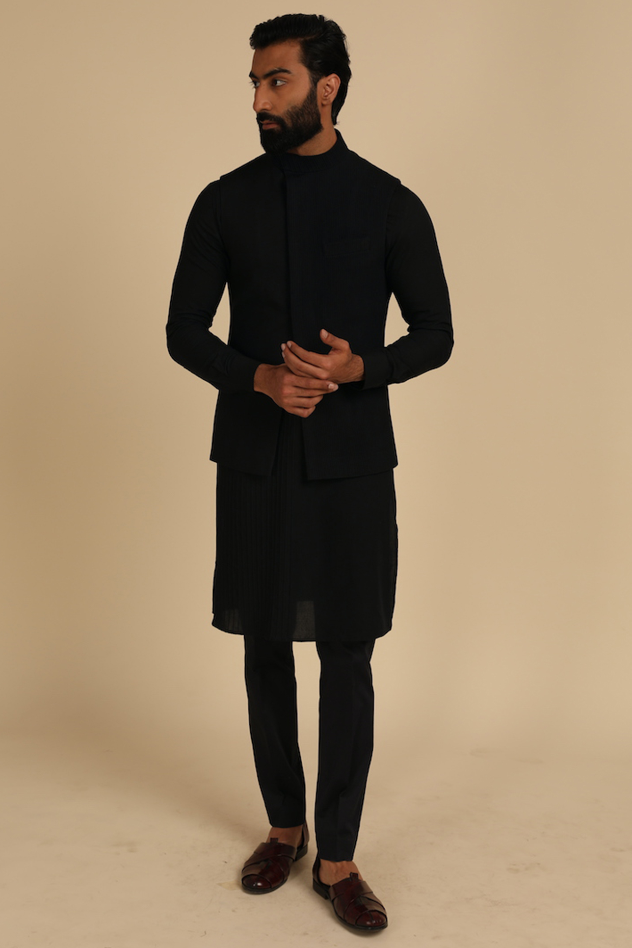 Black Silk Viscose Nehru Jacket by ARJAN DUGAL