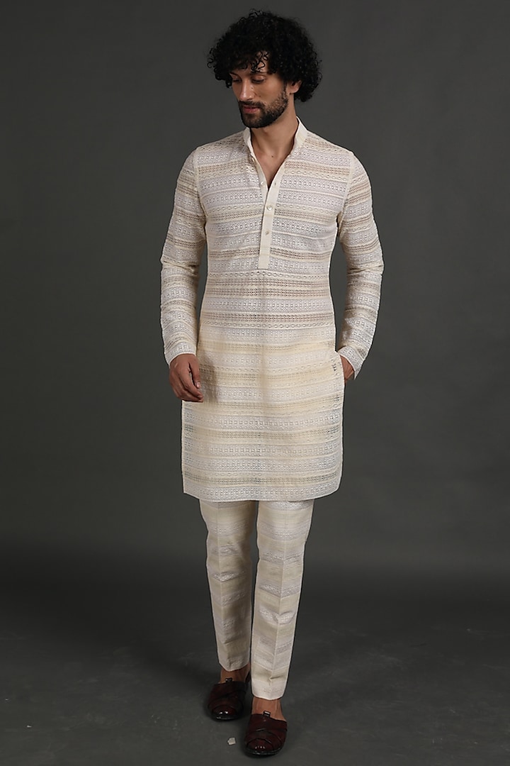 Off White Cotton Silk Lace Kurta Set by ARJAN DUGAL