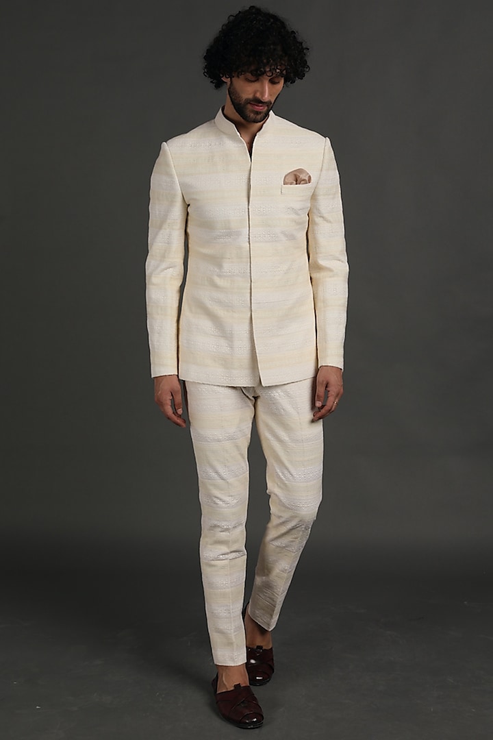 Off White Cotton Silk Lace Bandhgala Jacket Set by ARJAN DUGAL