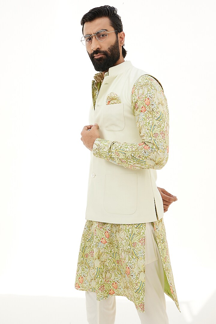 Cream Chanderi Silk Reversible Nehru Jacket by ARJAN DUGAL at Pernia's Pop Up Shop