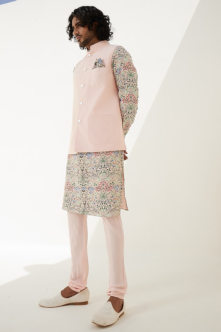 Powder Pink Chanderi Silk Reversible Nehru Jacket by ARJAN DUGAL