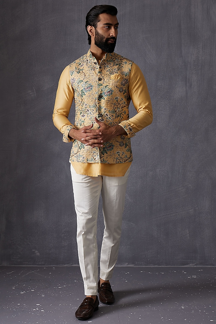 Mustard Chanderi Silk Nehru Jacket by ARJAN DUGAL