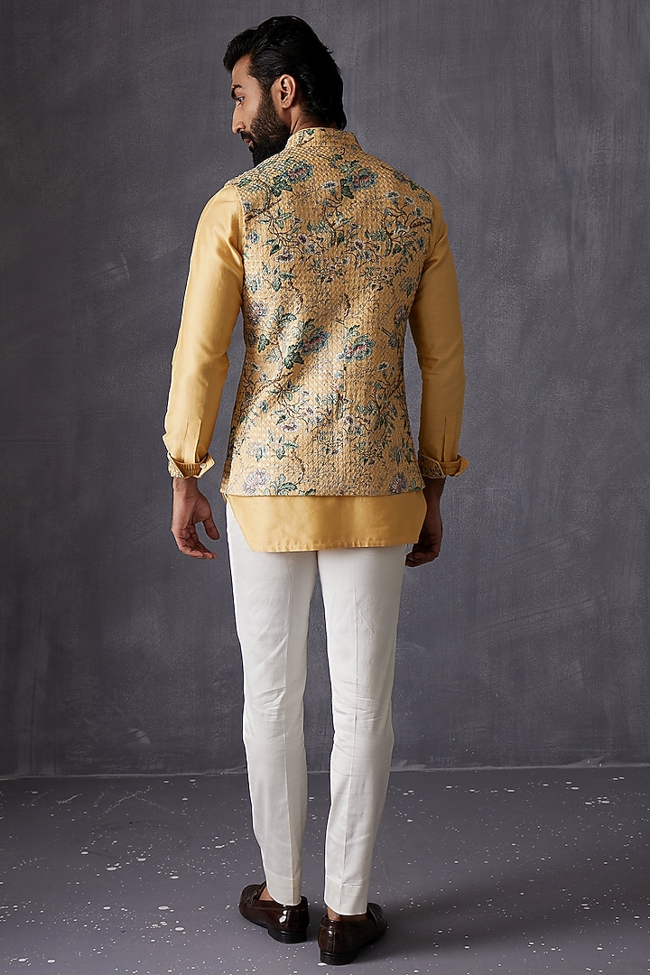 Buy ARJAN DUGAL Mustard Chanderi Silk Nehru Jacket at Pernia