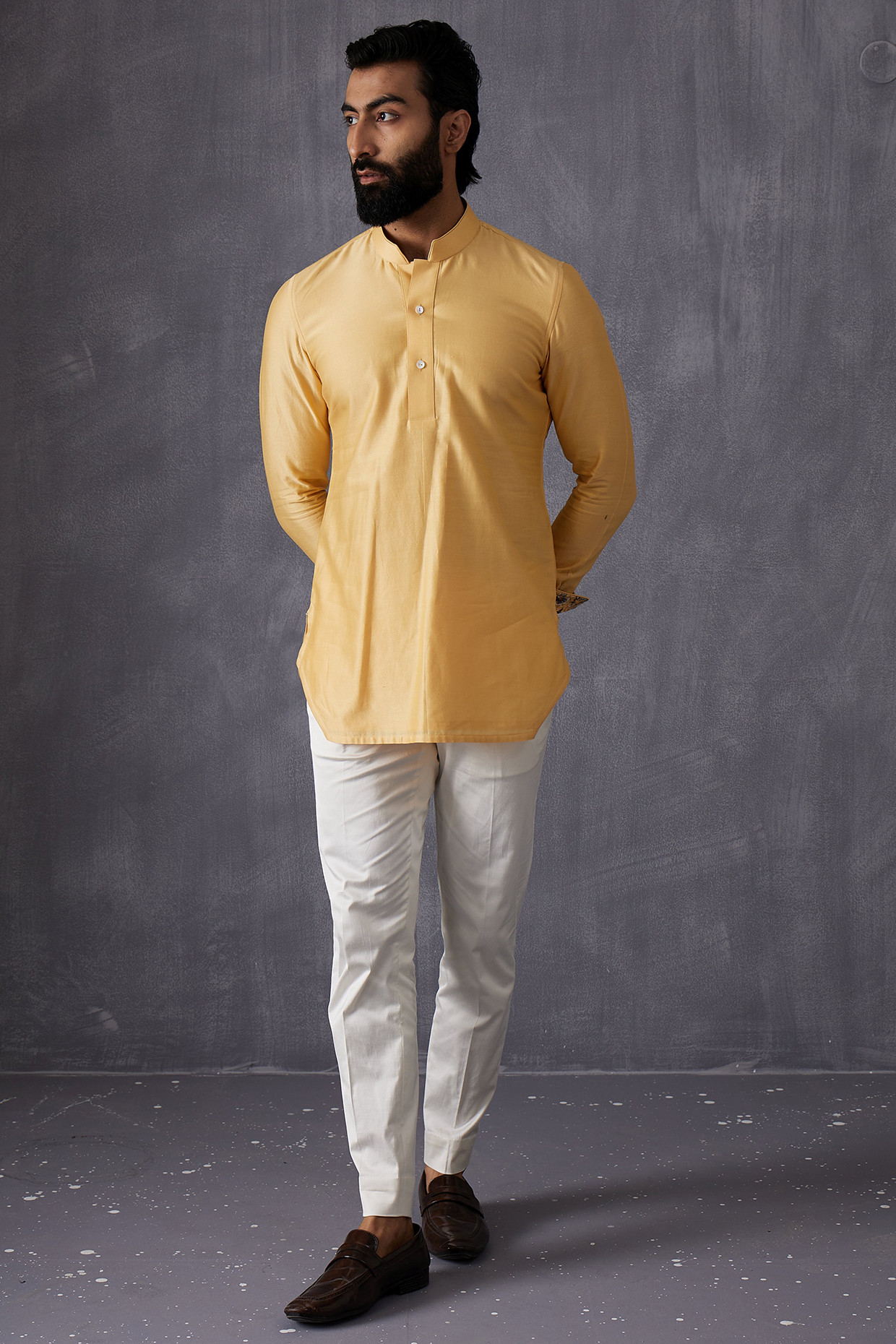 Mustard Chanderi Silk Kurta Set by ARJAN DUGAL at Pernia's Pop Up Shop