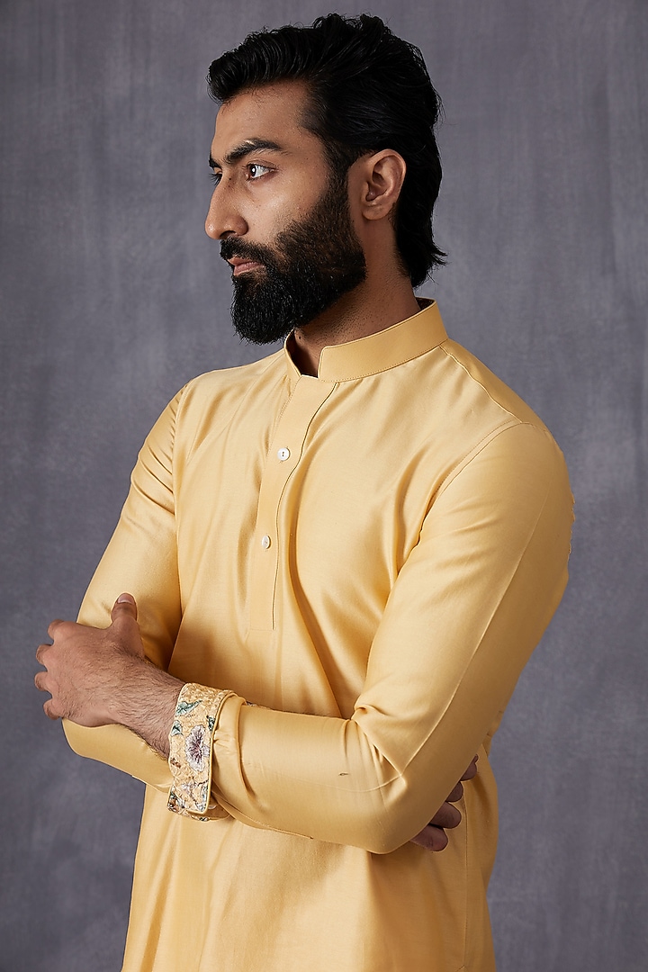 Mustard Chanderi Silk Kurta Set by ARJAN DUGAL at Pernia's Pop Up Shop