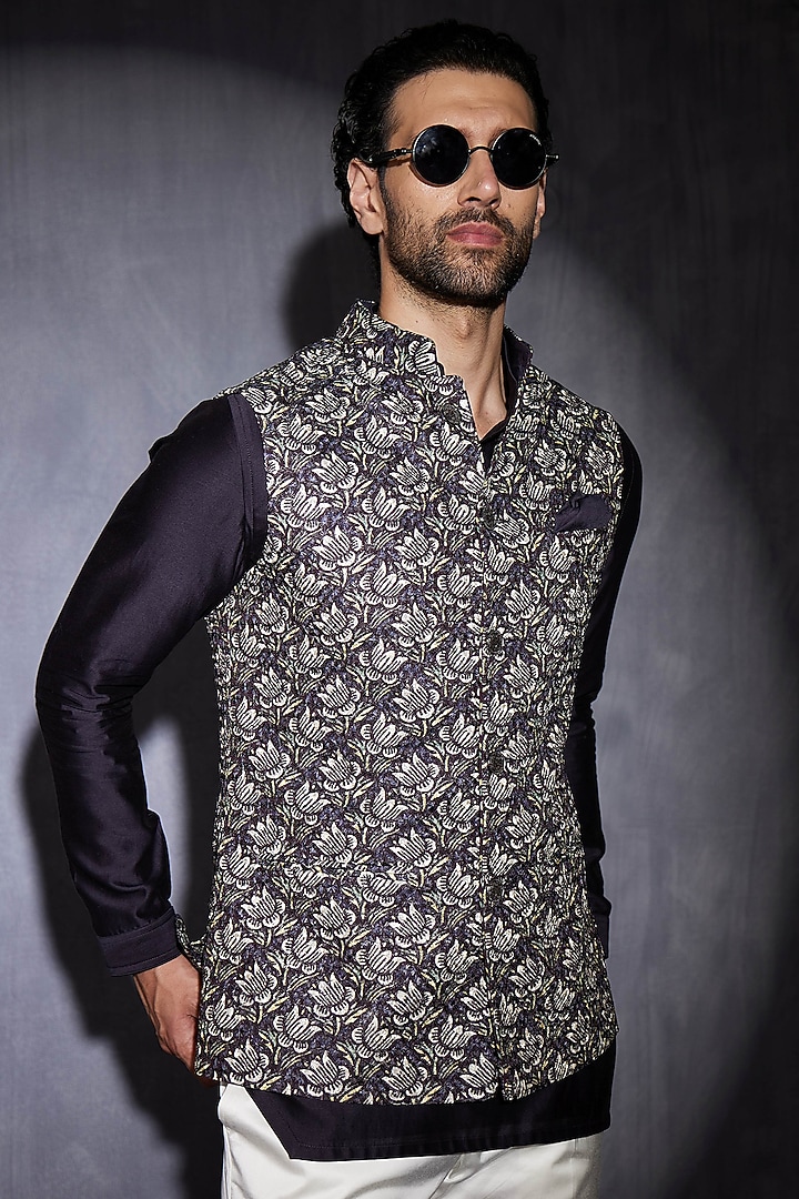 Navy Chanderi Silk Nehru Jacket by ARJAN DUGAL at Pernia's Pop Up Shop