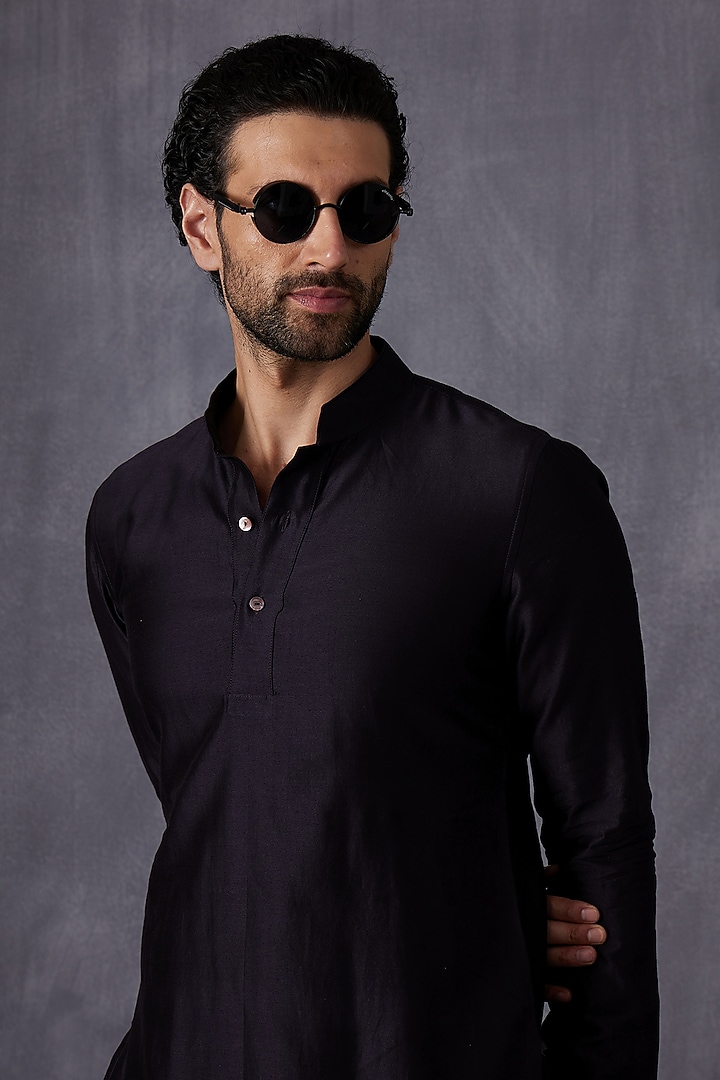 Navy Blue Chanderi Silk Kurta Set by ARJAN DUGAL at Pernia's Pop Up Shop