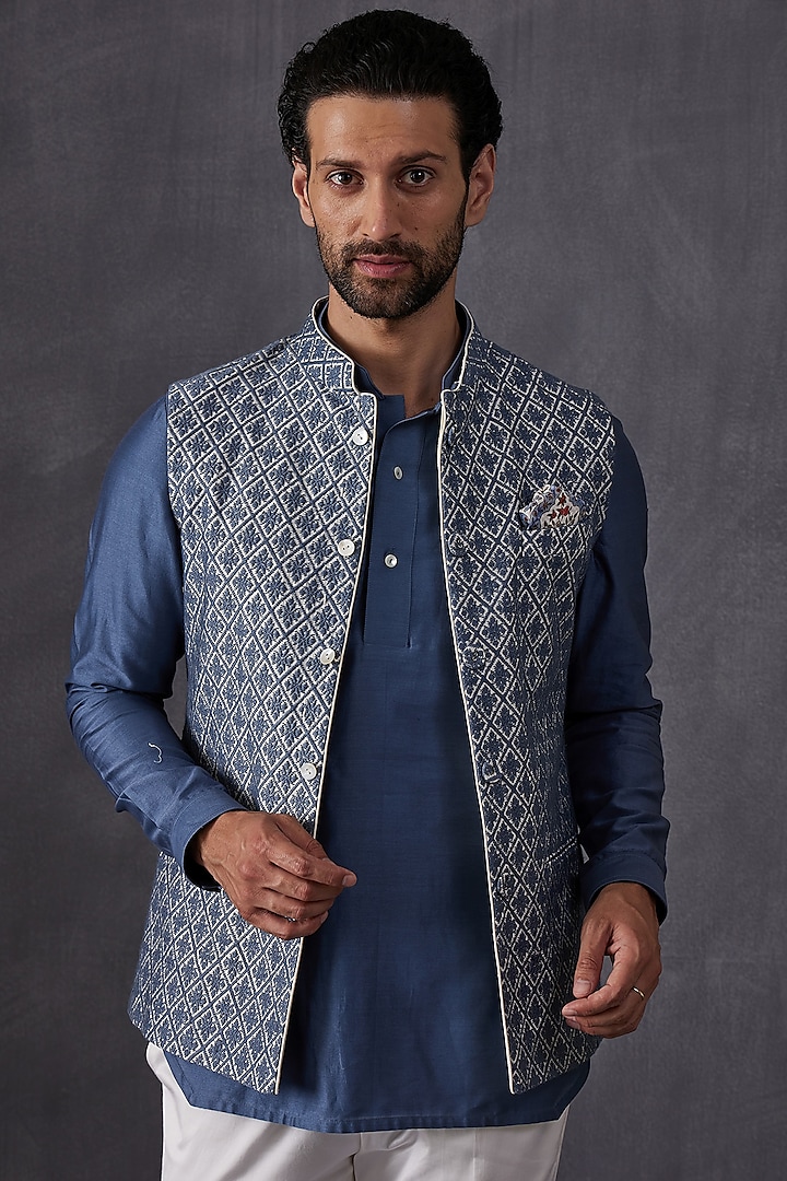 Ivory & Teal Blue Chanderi Silk Embroidered Indowestern Jacket by ARJAN DUGAL