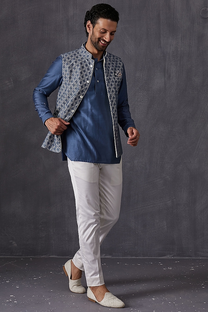 Ivory & Teal Chanderi Silk Embroidered Wedding Indowestern by ARJAN DUGAL at Pernia's Pop Up Shop