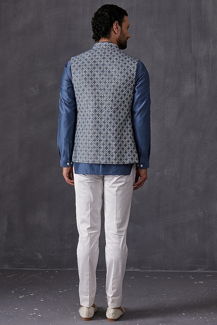 Ivory & Teal Chanderi Silk Embroidered Wedding Indowestern by ARJAN DUGAL at Pernia's Pop Up Shop