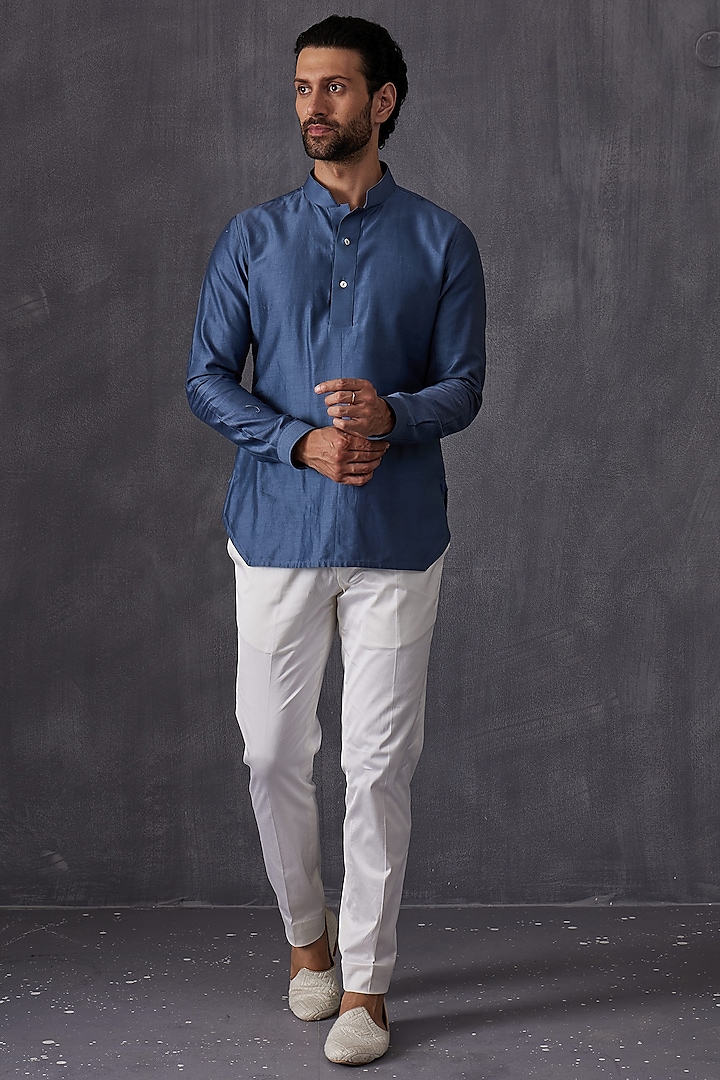Teal Blue Chanderi Silk Kurta Set by ARJAN DUGAL at Pernia's Pop Up Shop