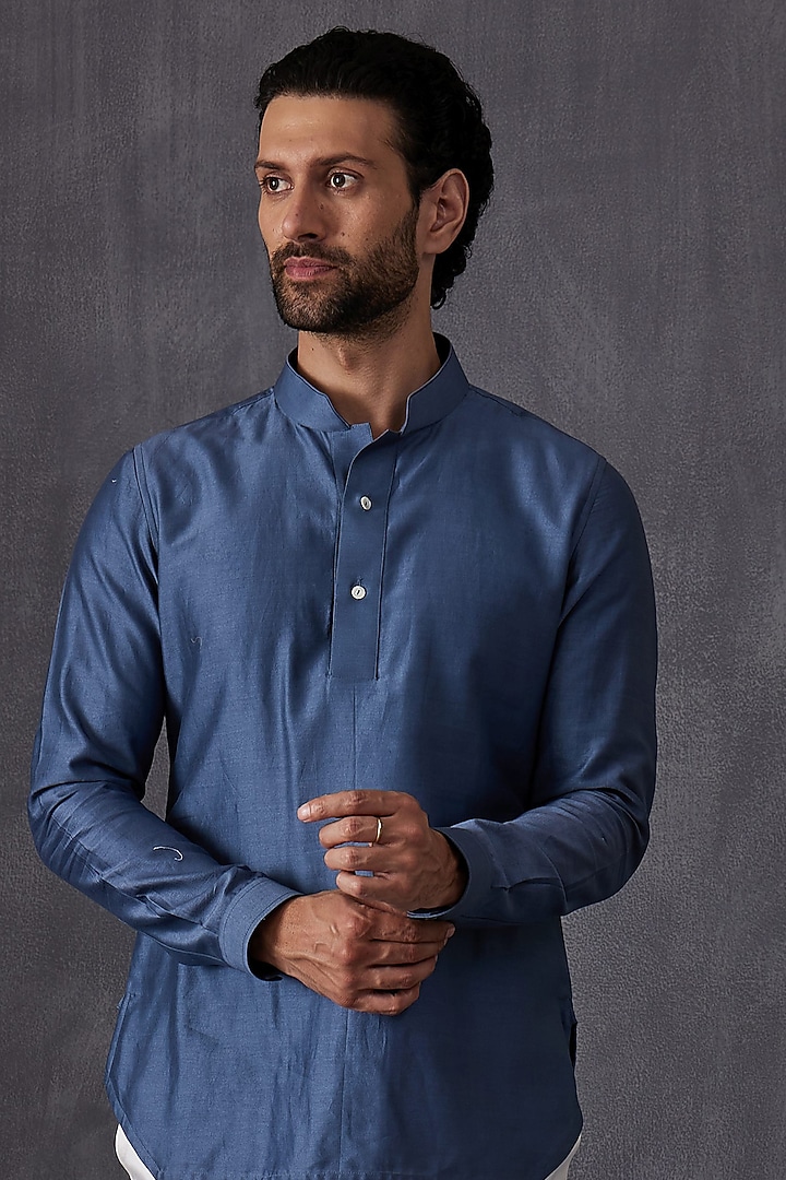 Teal Blue Chanderi Silk Kurta Set by ARJAN DUGAL at Pernia's Pop Up Shop