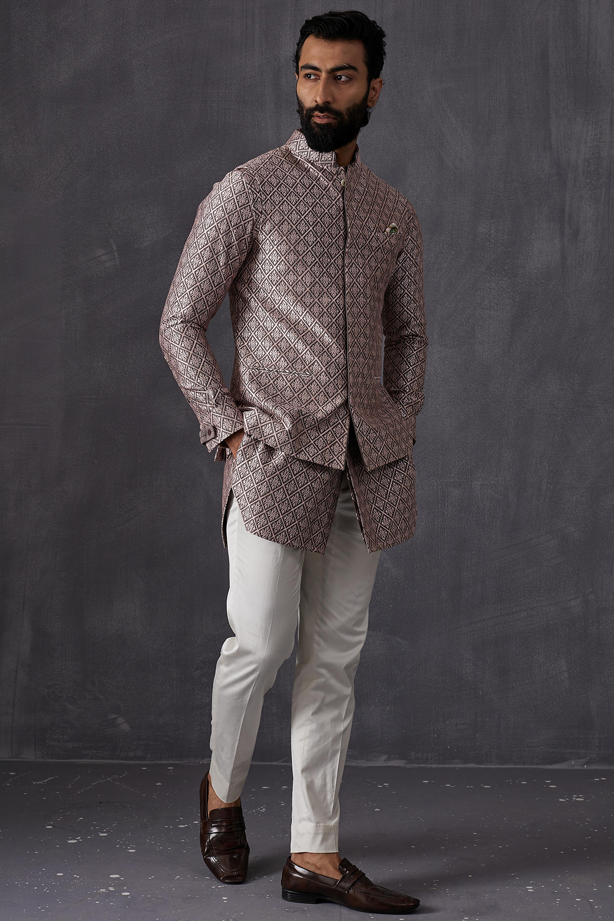 Grey Chanderi Silk Embroidered Nehru Jacket by ARJAN DUGAL at Pernia's Pop Up Shop