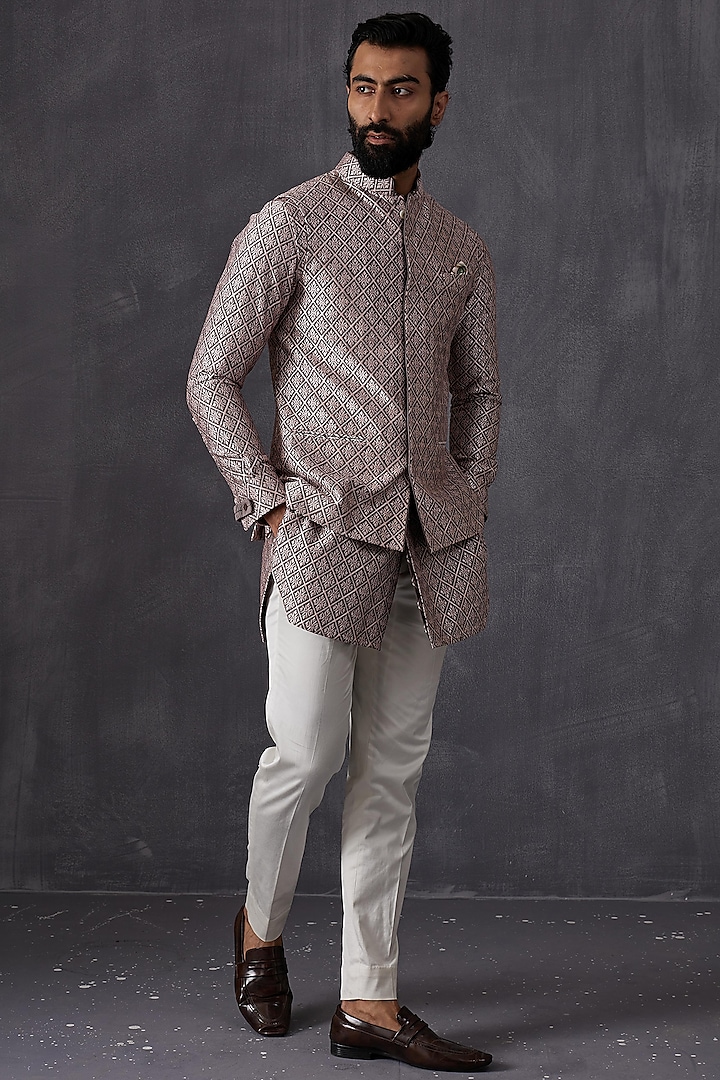Grey Chanderi Silk Embroidered Nehru Jacket by ARJAN DUGAL at Pernia's Pop Up Shop