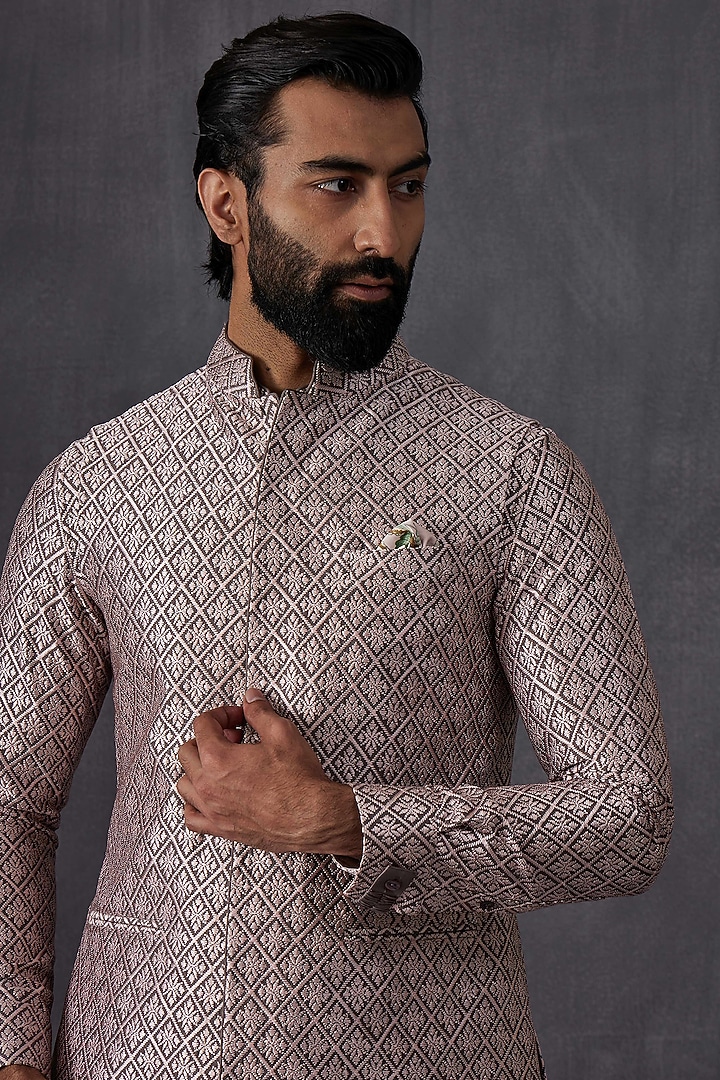 Grey Chanderi Silk Embroidered Nehru Jacket by ARJAN DUGAL at Pernia's Pop Up Shop