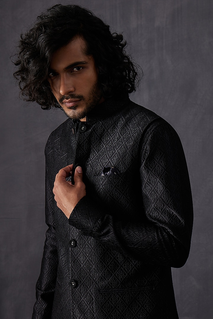 Black Chanderi Silk Embroidered Nehru Jacket by ARJAN DUGAL at Pernia's Pop Up Shop