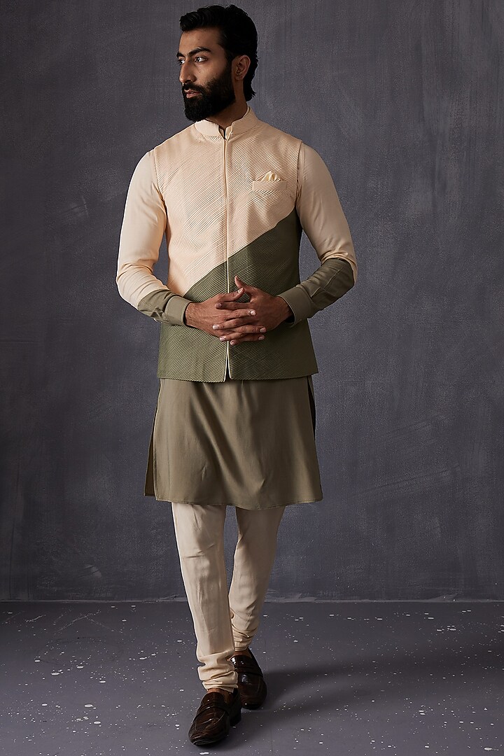 Peach & Olive Silk Viscose Color-Blocked Nehru Jacket by ARJAN DUGAL at Pernia's Pop Up Shop