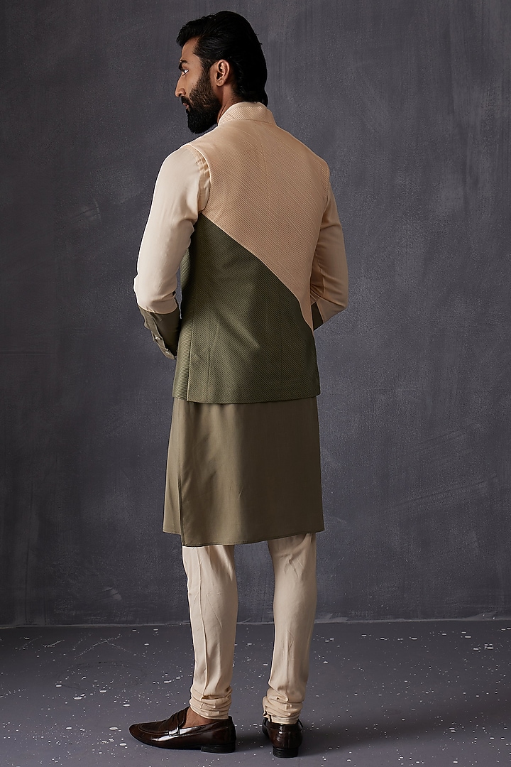Peach & Olive Silk Viscose Color-Blocked Nehru Jacket by ARJAN DUGAL at Pernia's Pop Up Shop
