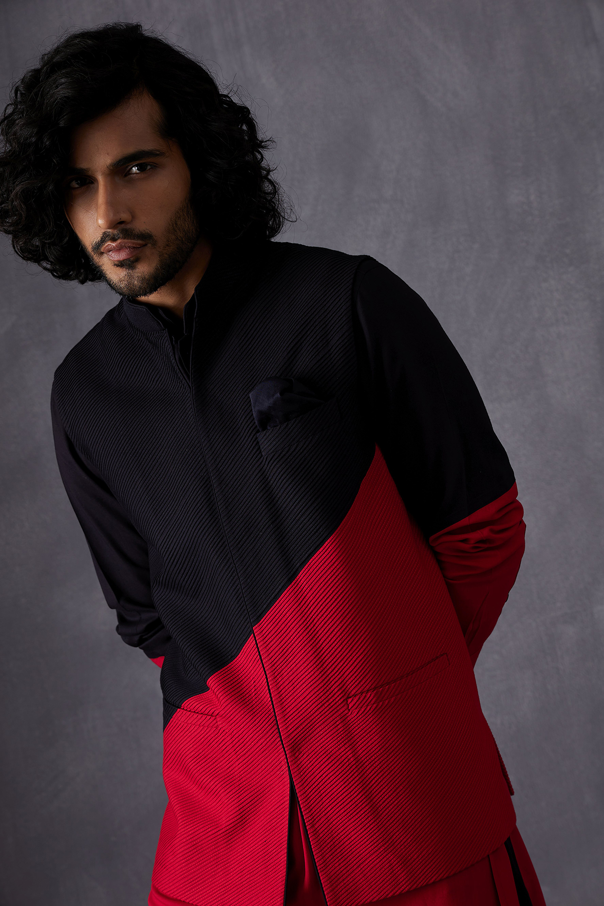 Black & Red Color-Blocked Silk Viscose Nehru Jacket by ARJAN DUGAL at Pernia's Pop Up Shop