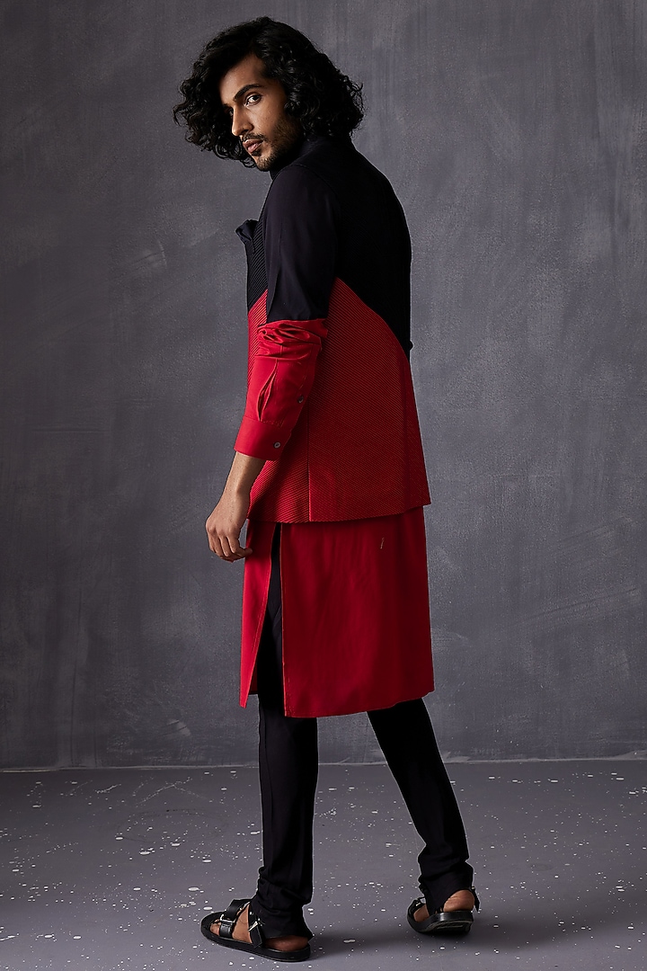 Black & Red Silk Viscose Color-Blocked Nehru Jacket by ARJAN DUGAL at Pernia's Pop Up Shop