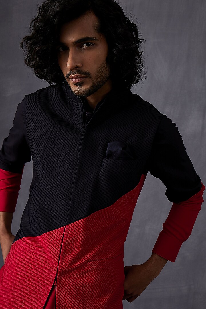 Black & Red Silk Viscose Color-Blocked Nehru Jacket by ARJAN DUGAL at Pernia's Pop Up Shop