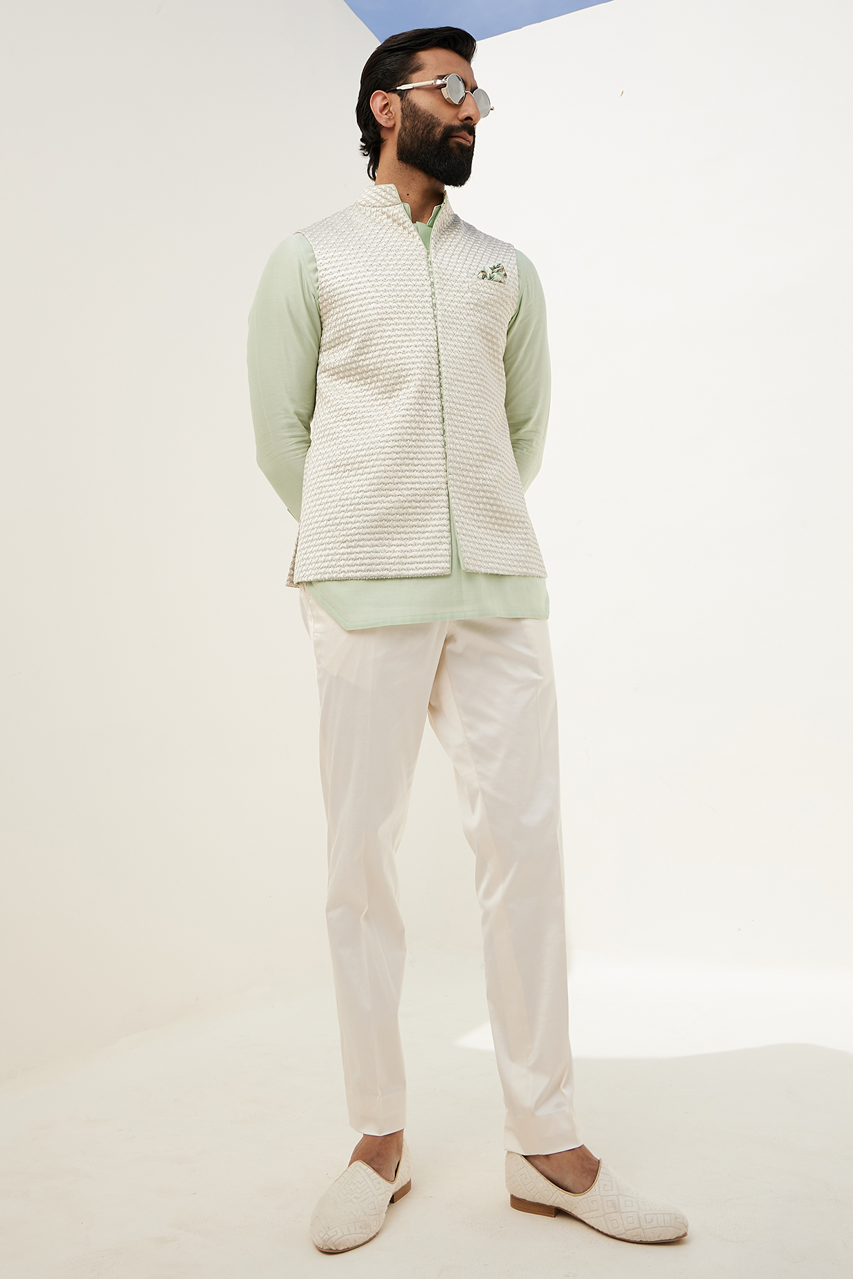 Sage Green Chanderi Silk Hand Embroidered Nehru Jacket by ARJAN DUGAL