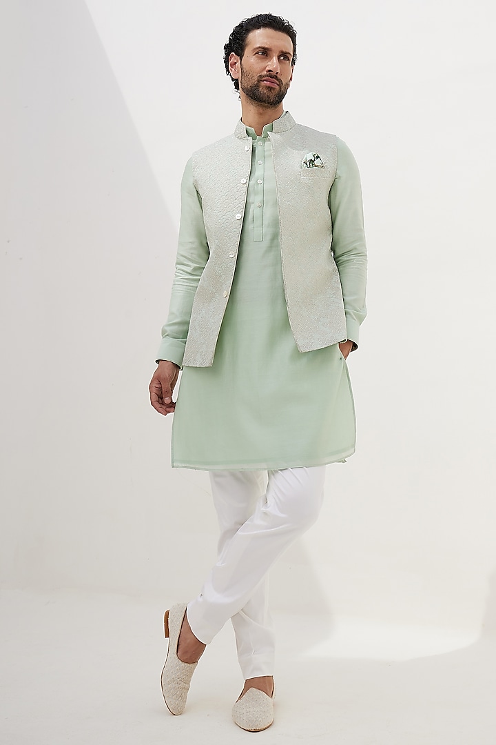 Sage Green Banarasi Silk Embroidered Indowestern Jacket by ARJAN DUGAL