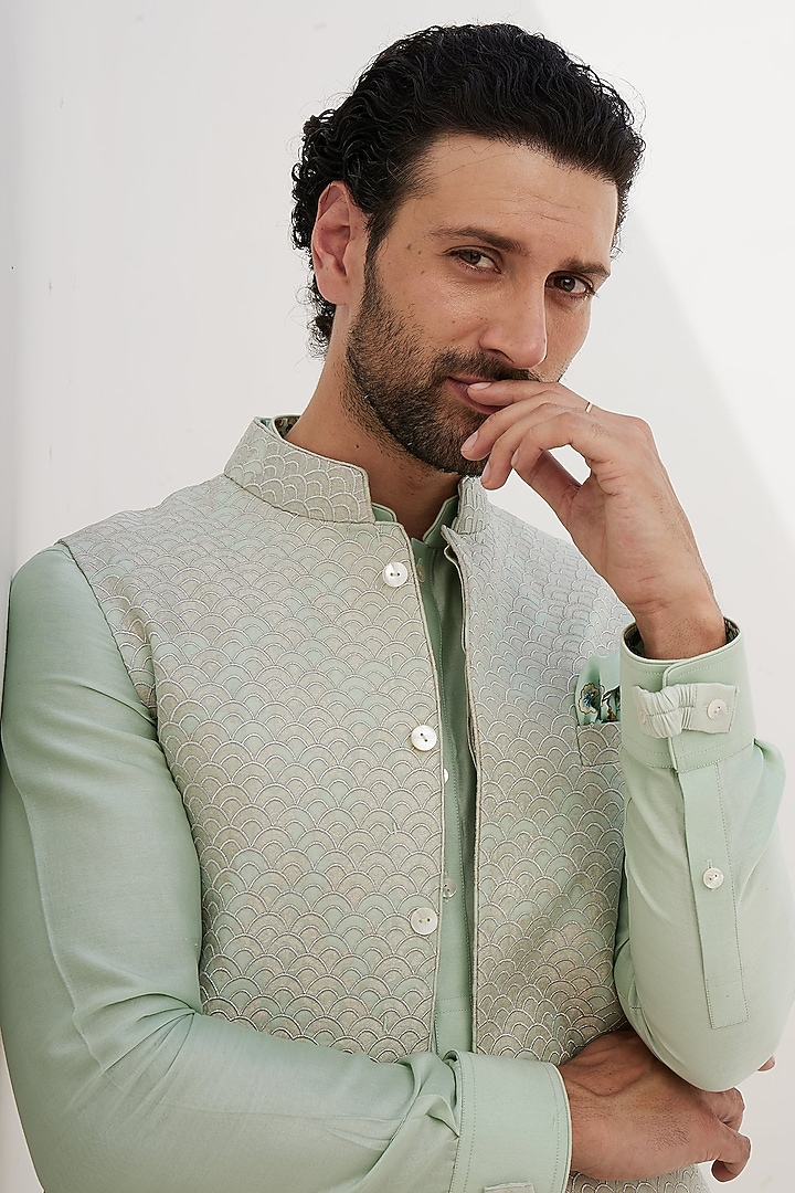Sage Green Banarasi Silk Embroidered Wedding Indowestern by ARJAN DUGAL at Pernia's Pop Up Shop