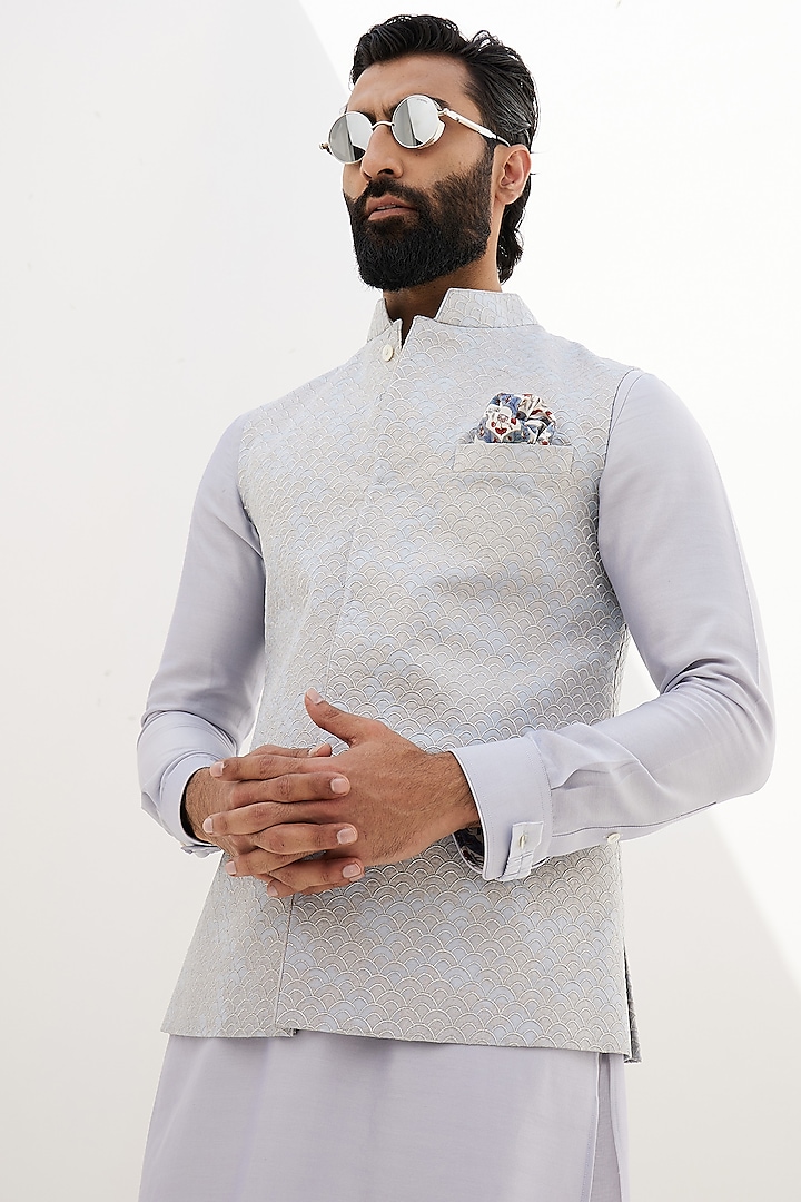 Sky Blue Banarasi Silk Embroidered Nehru Jacket by ARJAN DUGAL