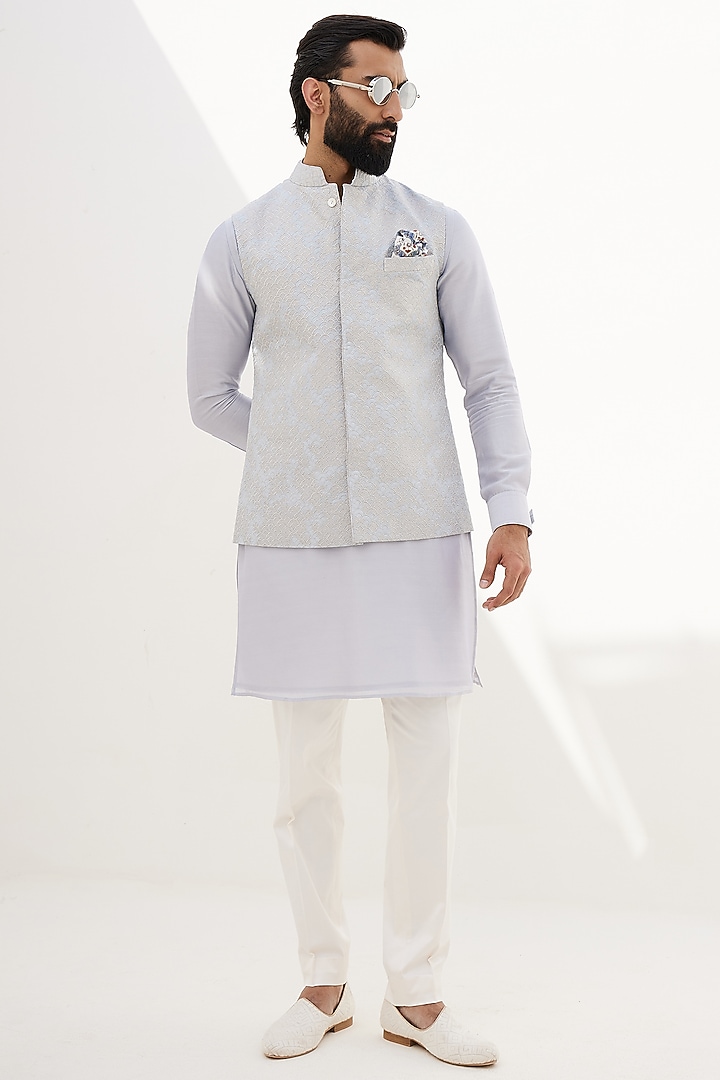 Sky Blue Banarasi Silk Embroidered Nehru Jacket by ARJAN DUGAL at Pernia's Pop Up Shop