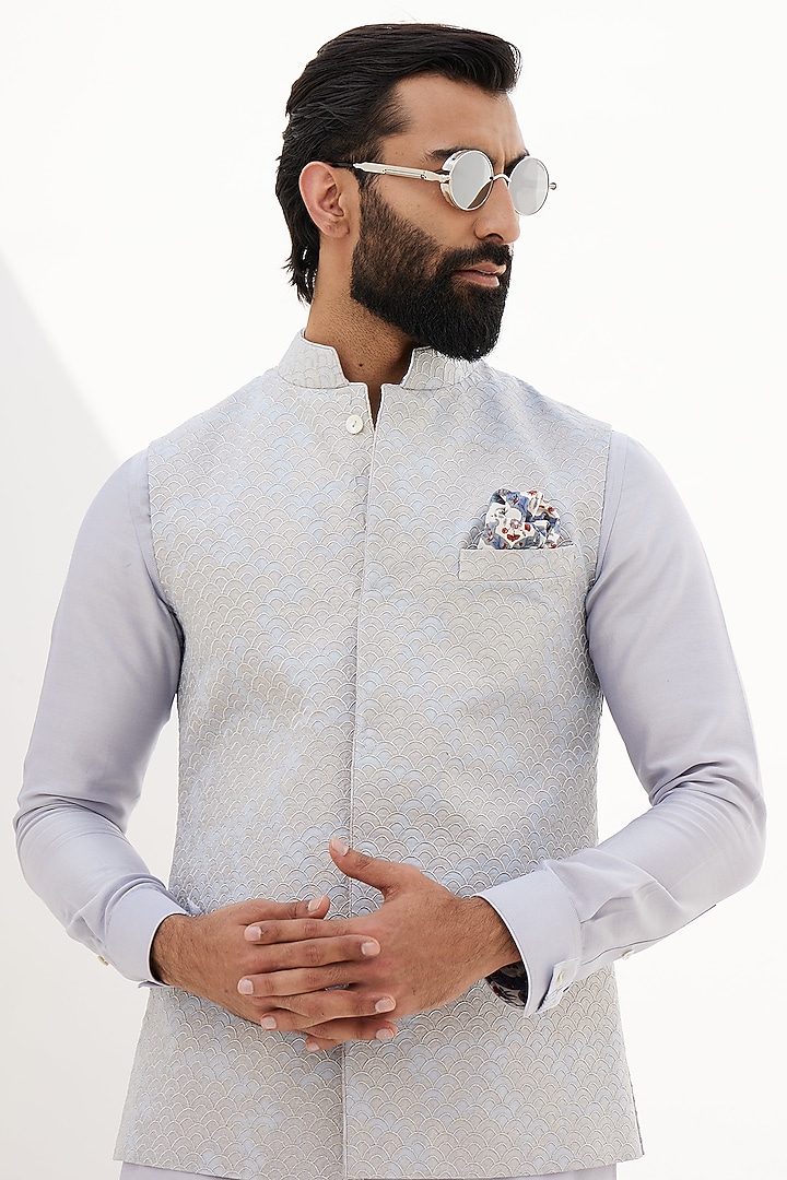 Sky Blue Banarasi Silk Embroidered Nehru Jacket by ARJAN DUGAL at Pernia's Pop Up Shop