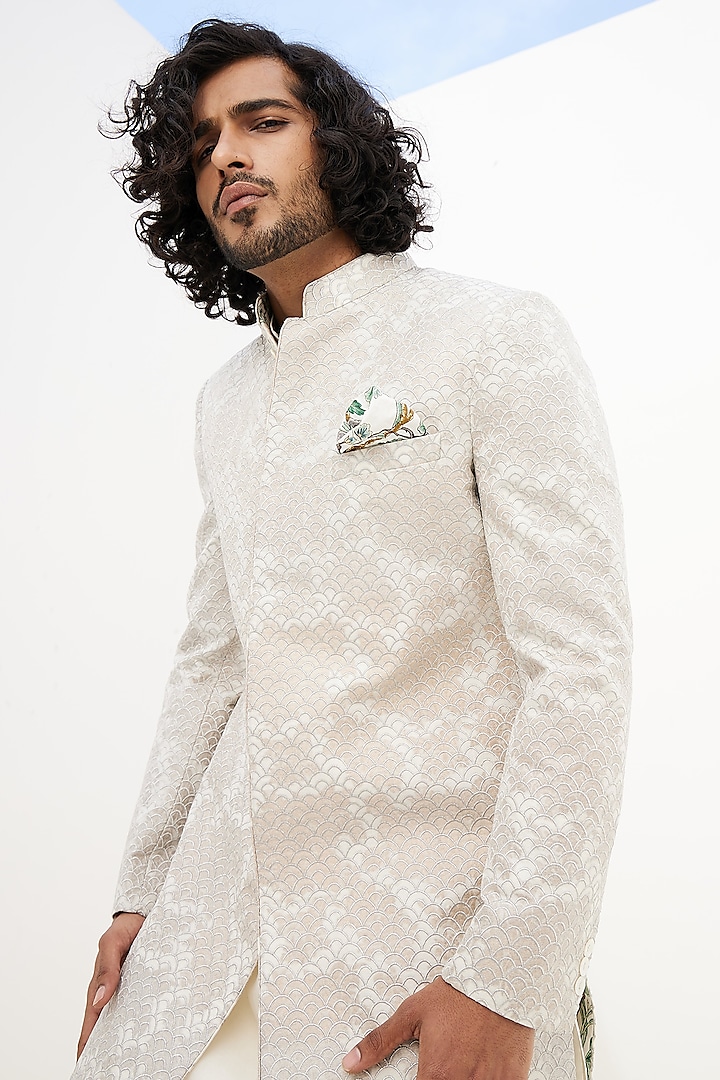 Ivory Chanderi Silk & Banarasi Silk Embroidered Groom Sherwani Set by ARJAN DUGAL at Pernia's Pop Up Shop