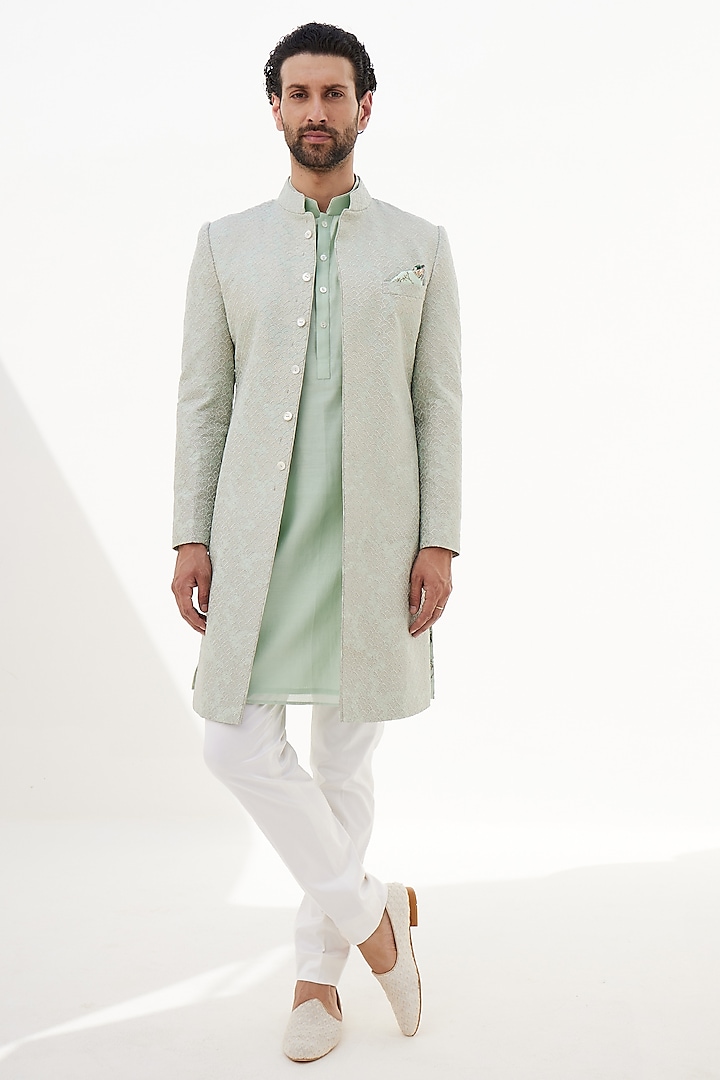 Sage Green Banarasi Silk Embroidered Achkan Jacket Set by ARJAN DUGAL
